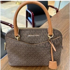 Michael Kors Brown Monogram Satchel with Gold Hardware